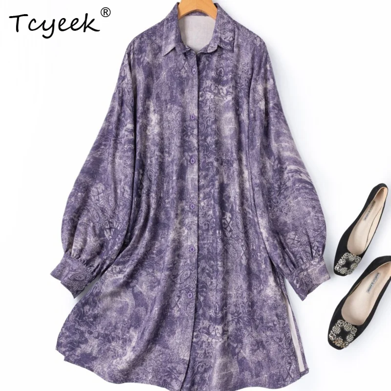 

Tcyeek 55% Real Silk Blouses for Women 2026 Spring Casual Romantic Purple Printed Mid-length Shirt Ladies Clothes Blusa Feminina