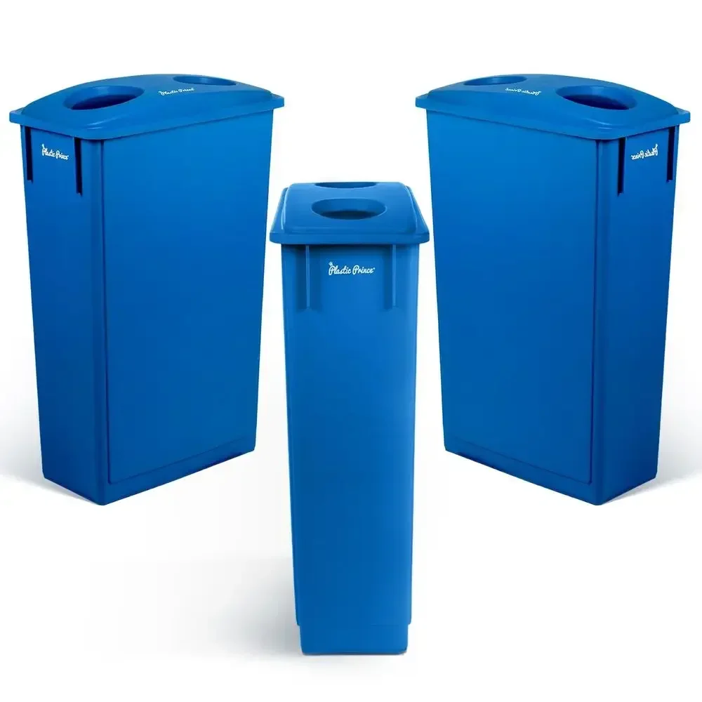 3-Pack Blue 23 Gallon Slim Trash Cans with Dual Recycling Lid for Home and Office Use