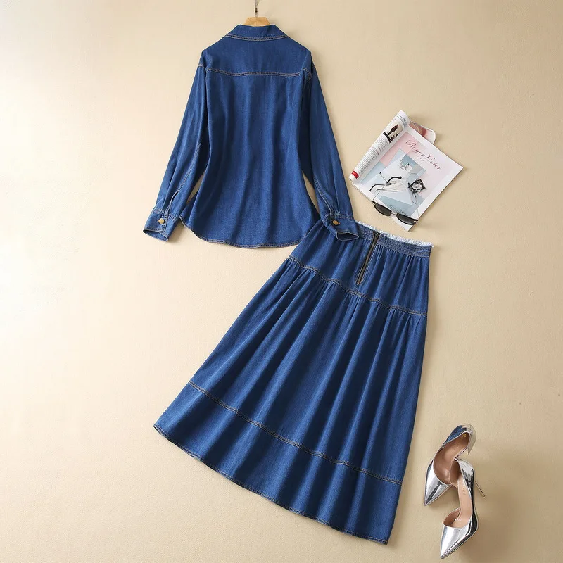 European and American women's wear for winter 2022  Long sleeved denim shirt  Pleated skirt  Fashion suit XXL