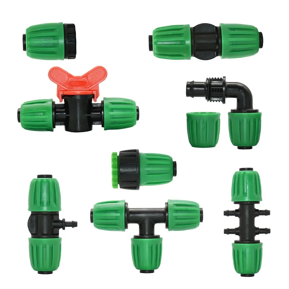 16mm PE barbed fitting with 1/4 inch outlet reduced tee elbow end cap and locking nut for drip irrigation systems pressure rated