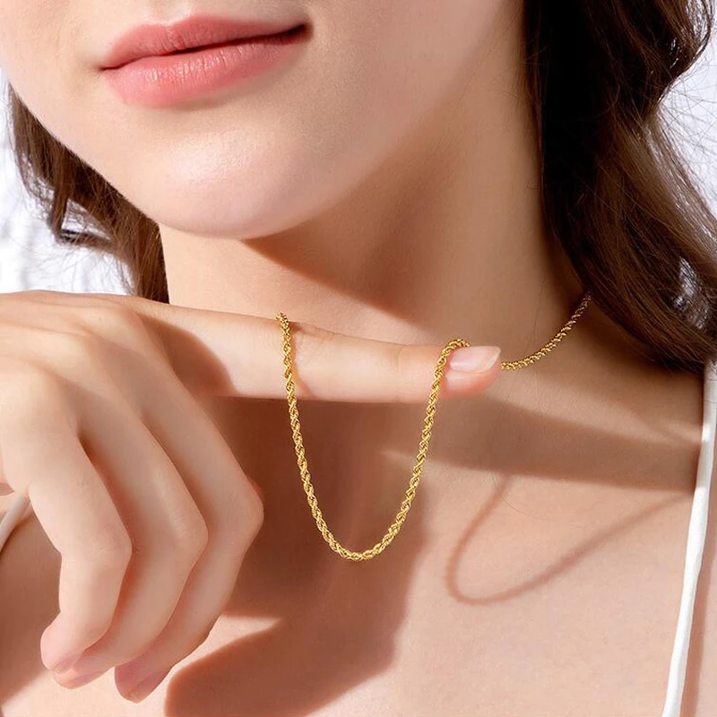 女性用18Kゴールドツイストチェーンネックレス,本物の純粋なau750 