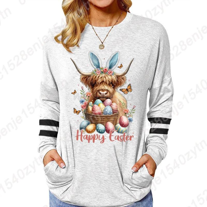 Cute Easter Highland Cow Tshirt for Women Flower Eggs Cow Cute Easter Shirt Long Sleeves Design Happy Easter Animals T Shirts