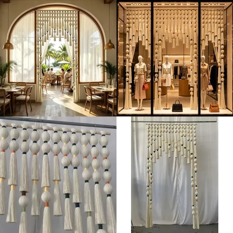 Bohemian style original vertical beaded fringed lace room partition curtain, suitable for hotel restaurant entrance