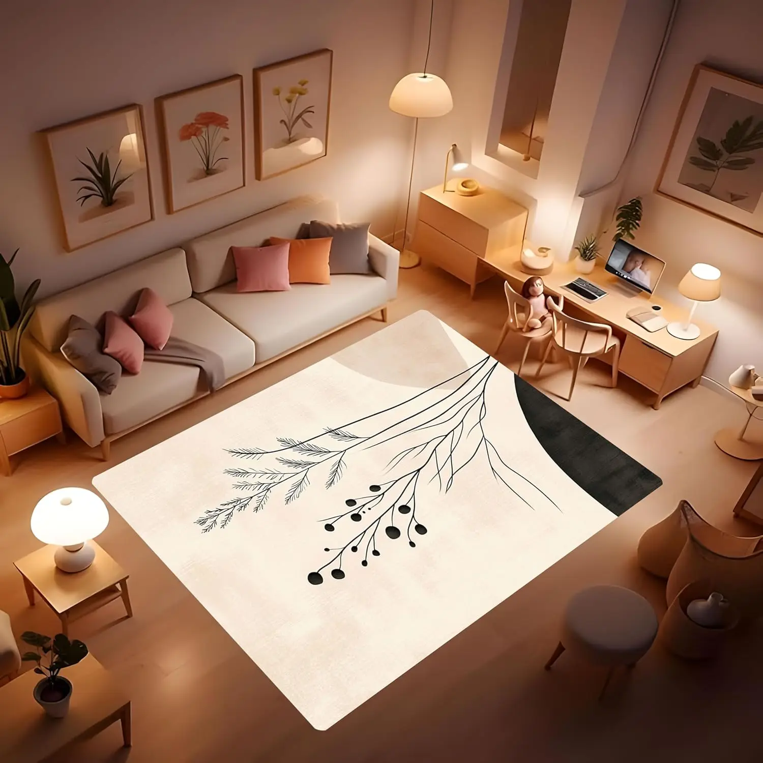 

Abstract Floral Rug Washable Living Room Rug,Minimalist Area Modern Abstract for Dining Room,Interior Decoration Art