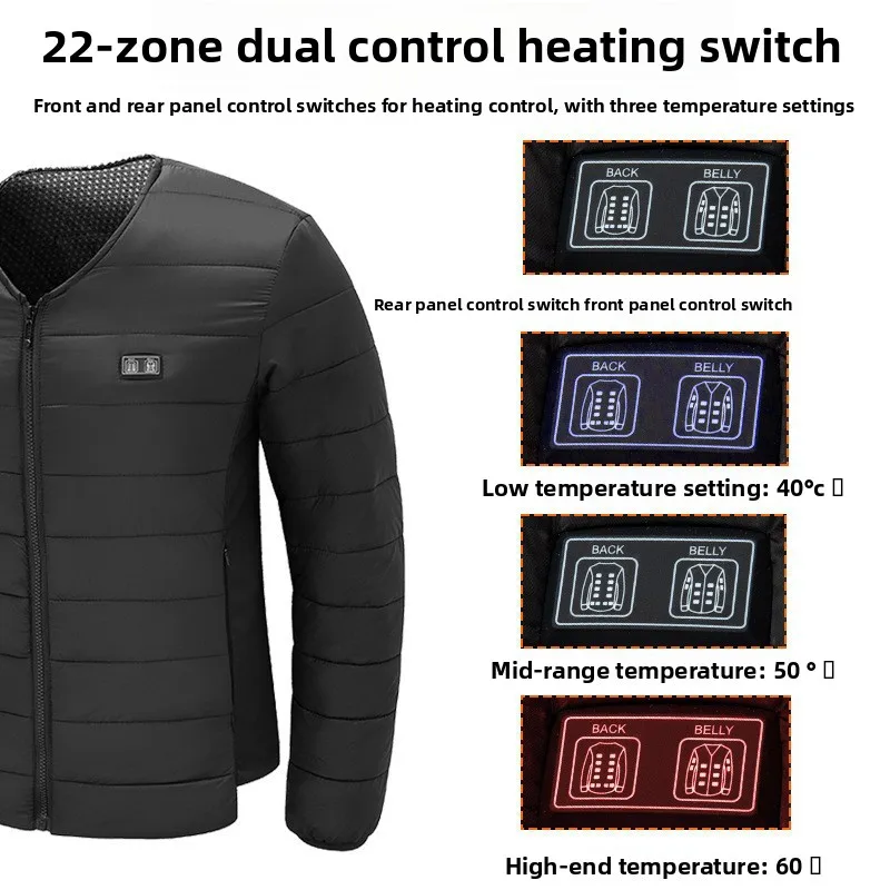 

22 Zone Heated Jacket Men Winter USB Dual Control Electric Heating Coat Warm Cold-proof Clothes Snow Hiking Down Cotton Jacket