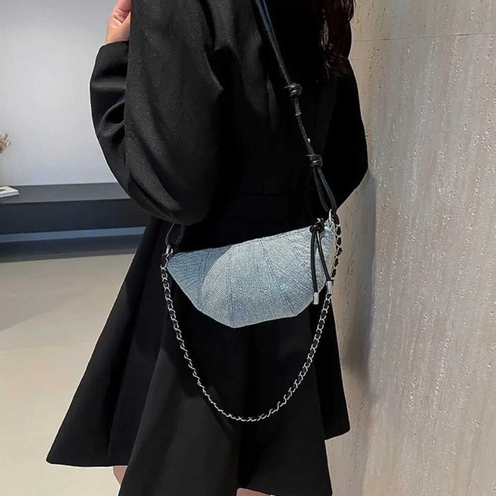 Sac à Croissant en chaîne élégant, sacoche de Style coréen avec fermeture éclair, sac à boulettes en Denim, demi-lune, sac à bandoulière en Nylon pour étudiant