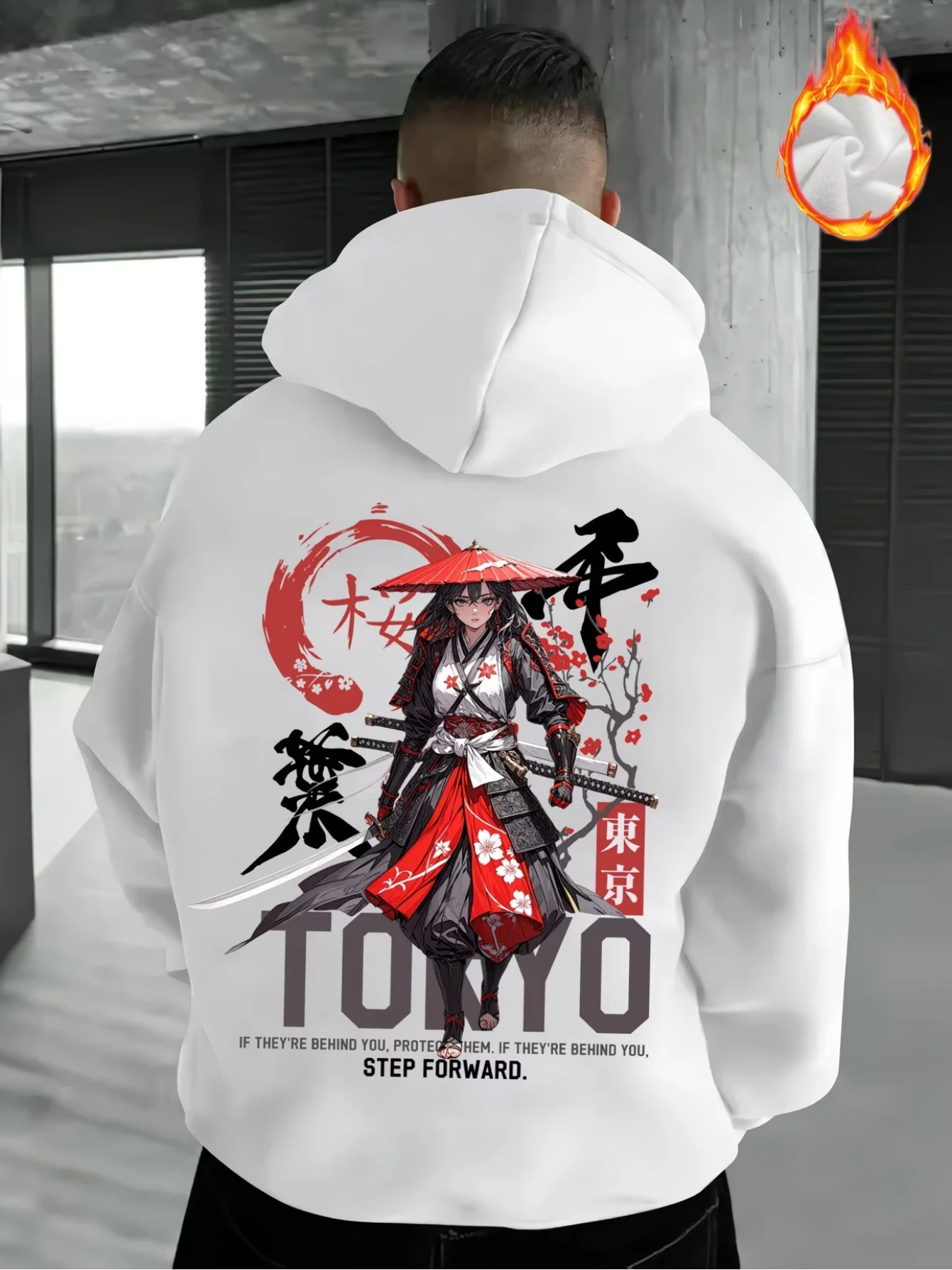 Tokyo Street Animation Samurai Printed Men Hooded Sweatshirt Autumn Winter Daily Outdoor Sports Loose Leisure Warm Street Style