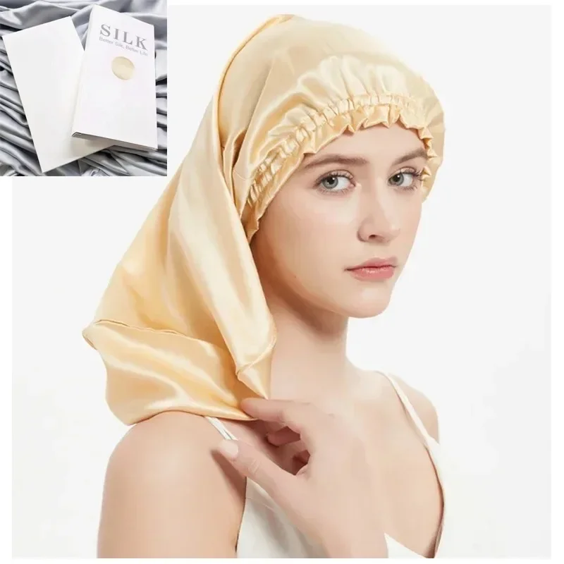 

Длинный шелковый чепчик для сна для женщин, 100% натуральный шелковый чепчик шелковицы, шелковая ночная шапочка для сна для ухода за волосами, шапка женская,비니