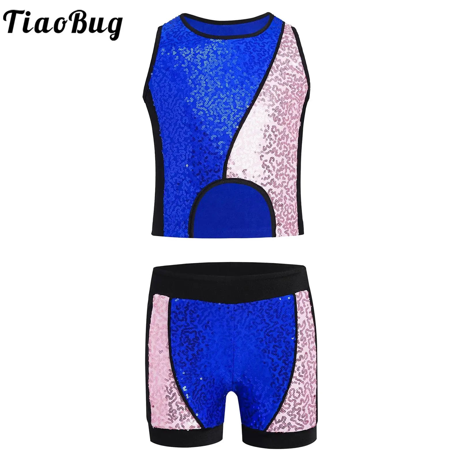 

Kids Girls Jazz Dance Costumes Gymnastic Outfit Modern Ballet Sets Color Block Sparkly Sequins Tank Top Vest with Sports Shorts