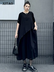 XITAO Black Casual Dress False Two Pieces Asymmetrical Patchwork T-shirt Dress 2024 Summer New Simplicity Women HQQ2357