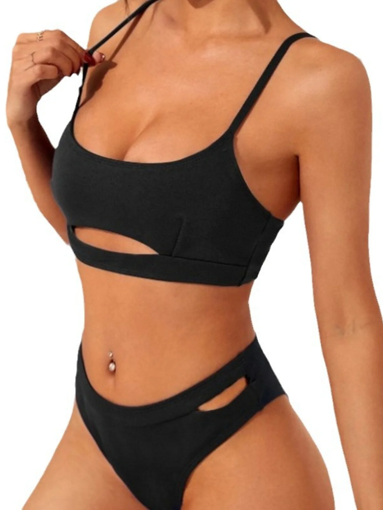 Plain Black Hollow Out 2 Piece Set Bikini, Spaghetti Strap High Stretch Stylish Swimsuits, Women's Swimwear & Clothing