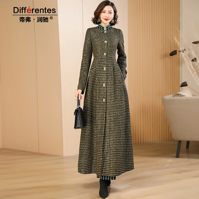 

Winter Plaid Long Coat England Style Casual Jacket Wool & Blends Women Overcoat Vintage Runway Elegant Buttons for Office Lady