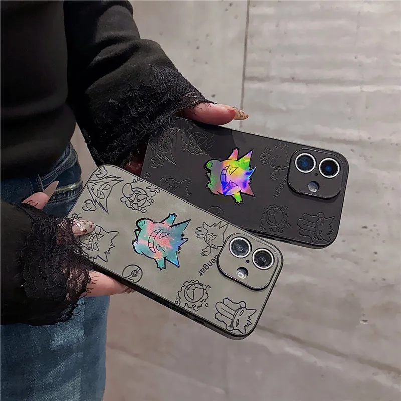 Anime Monsters P-Pokemons Gastly Haunter Phone Case for iPhone 11 12 13 14 15 16 Pro Max Plus Gengar Laser Emboss Leather Cover