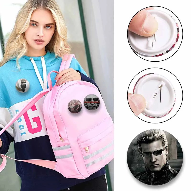 Albert Wesker Funny Icon Badge Handmade Round Snap-in Brooch for Backpack Clothes Chest Ornament Jewlery Pins Game Lover Gifts