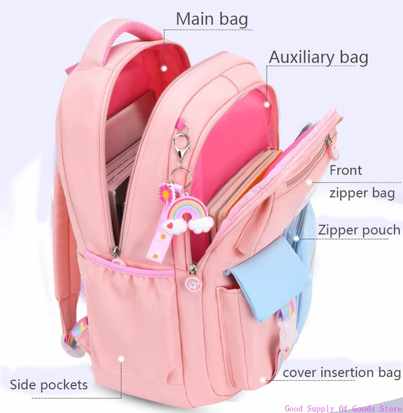 Ransel Anak-anak untuk Tas Buku Sekolah Anak Perempuan Warna Macaron untuk Ransel Remaja Tas Sekolah Banyak Kantong Lucu dan Liontin Pelangi