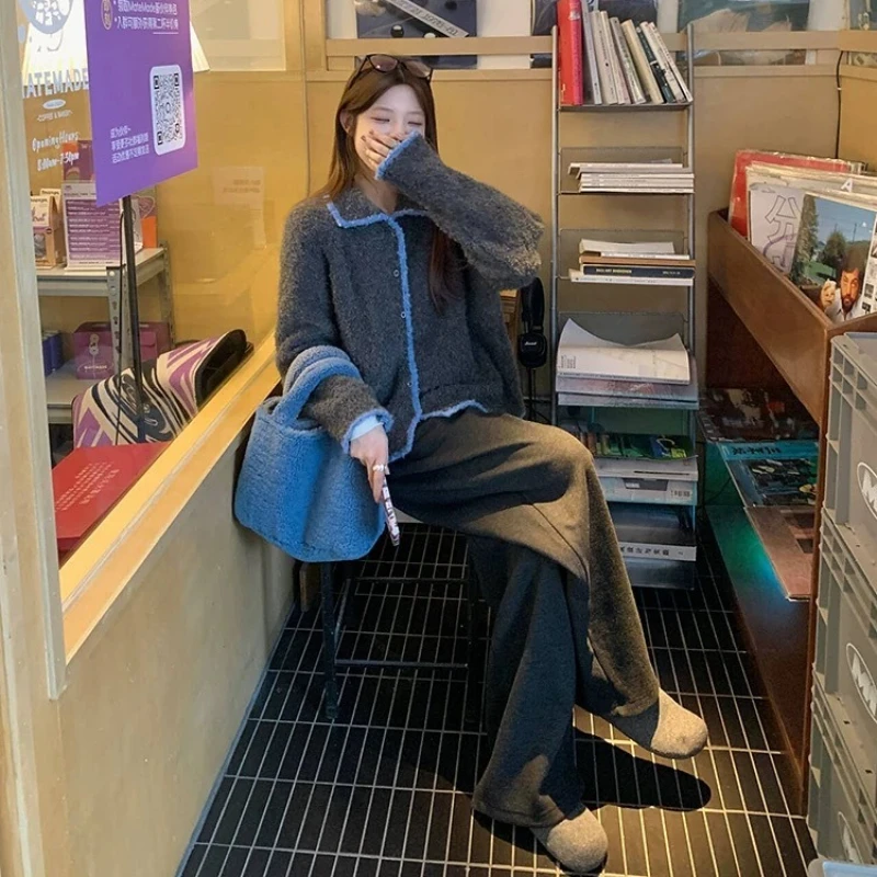 2025 جديد ريترو المتناقضة اللون التلبيب سترة المرأة الخريف والشتاء أنيقة فضفاضة كسول نمط عادية سترة مشغولة من الصوف سترة