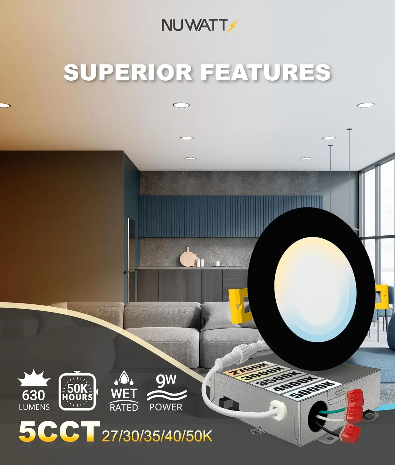 6팩 4인치 초박형 LED 캔리스 조명, 5CCT 조절 가능, 630LM, 9W, 밝기 조절 가능, IC 및 습기 등급, 블랙(금속 J-박스 포함)