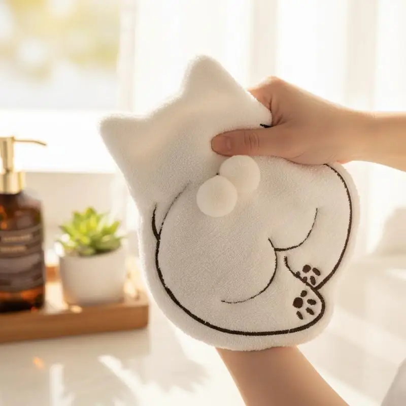 Cute Cat Back Hanging Towel Kitchen Hand Towel Bathroom Soft Absorbent Handkerchief Wipe Towel Coral Design Cartoon Kids Towels