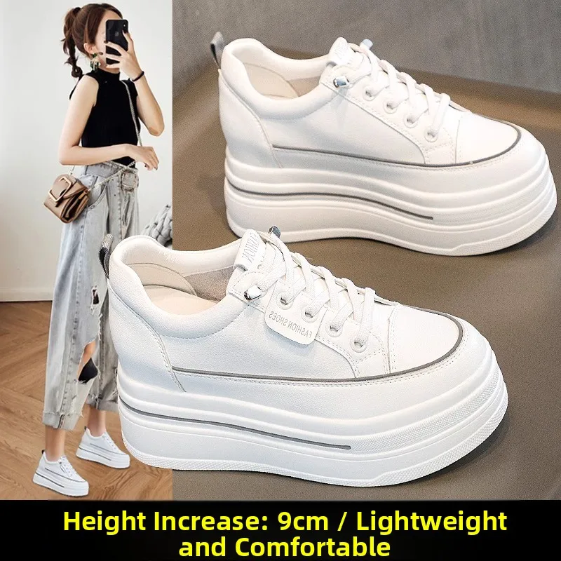 Women's Thick Bottom Platform Shoes Increased Height Internal Leather Casual Sneakers Spring Autumn Net Surface Small White S...