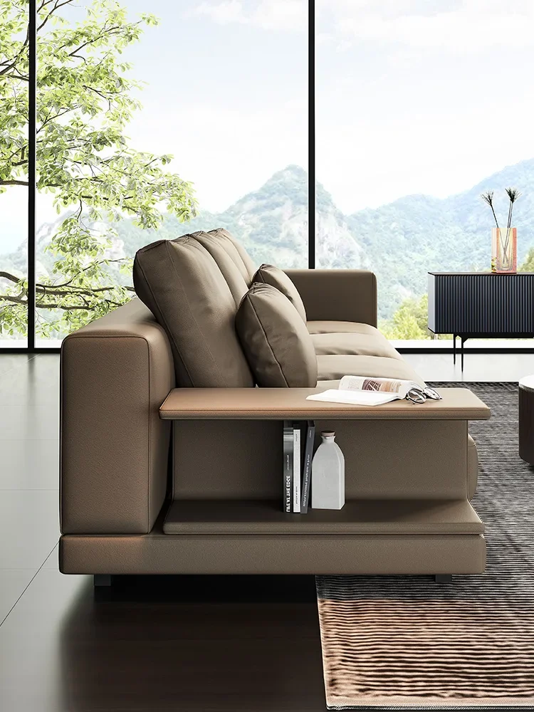 

Italian leather sofa, cowhide living room high-end villa, modern simplicity, light luxury, in-line four-seat