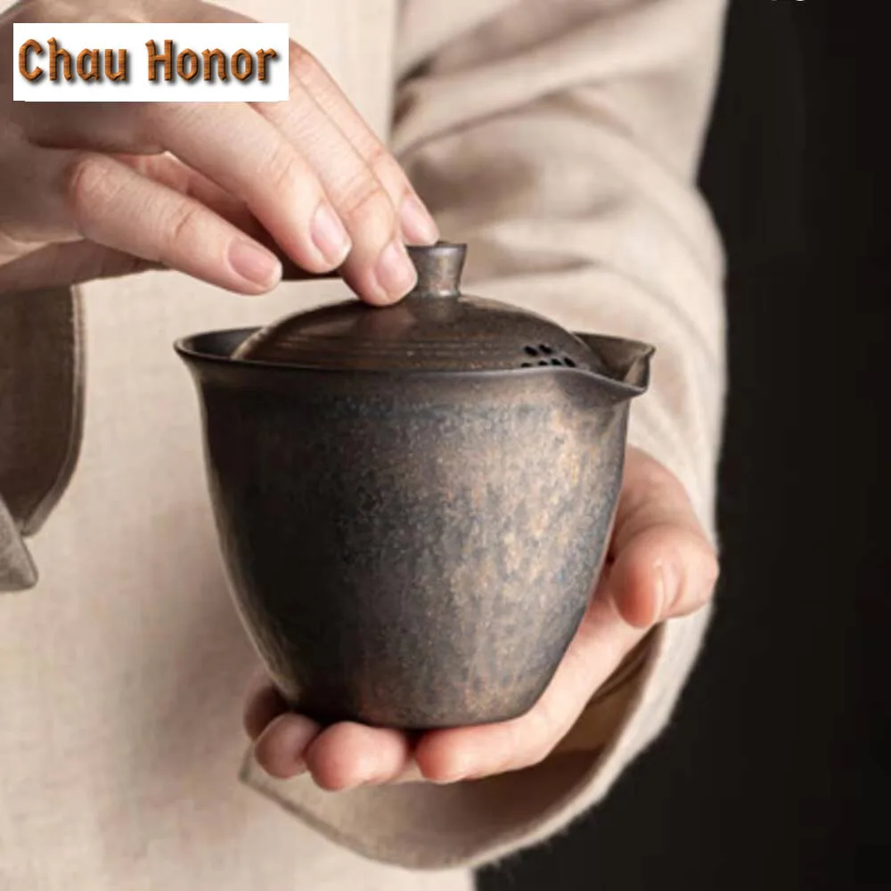200ml Handmade Iron Rust Glaze Gaiwan Hand Grab Pot Japanese Rough Pottery Tea Tureen Tea Maker Cover Bowl Teaset Collection