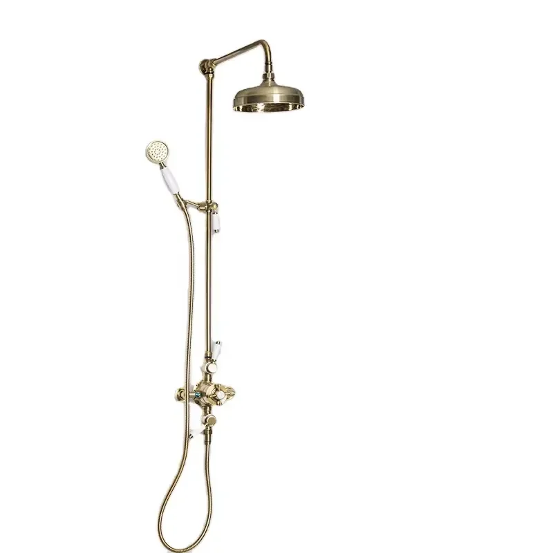 Dual Antique Brass Rain Shower Faucet Set Wall-Mounted Chrome Gold Finish Soft Spray for Elderly Children for Hotel