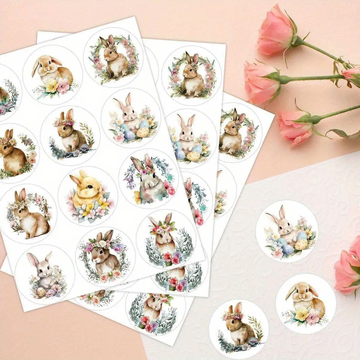 144Pcs Easter Rabbit Stickers Vintage Wreath Bunny Sticker For Happy Easter Home Party Decoration DIY Gifts Wrapping Supply