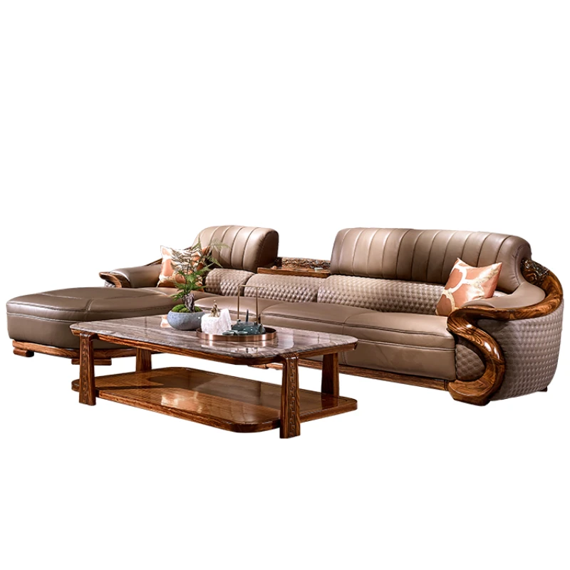 New Chinese ebony leather corner sofa combination, villa all solid wood princess living room furniture
