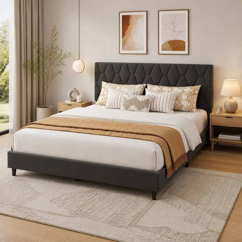 Noise-Free Upholstered Platform Bed Frame with Fabric Headboard - Heavy-Duty Slat Support, Non-Slip, No Box Spring Needed, Easy Assembly - KING Grey