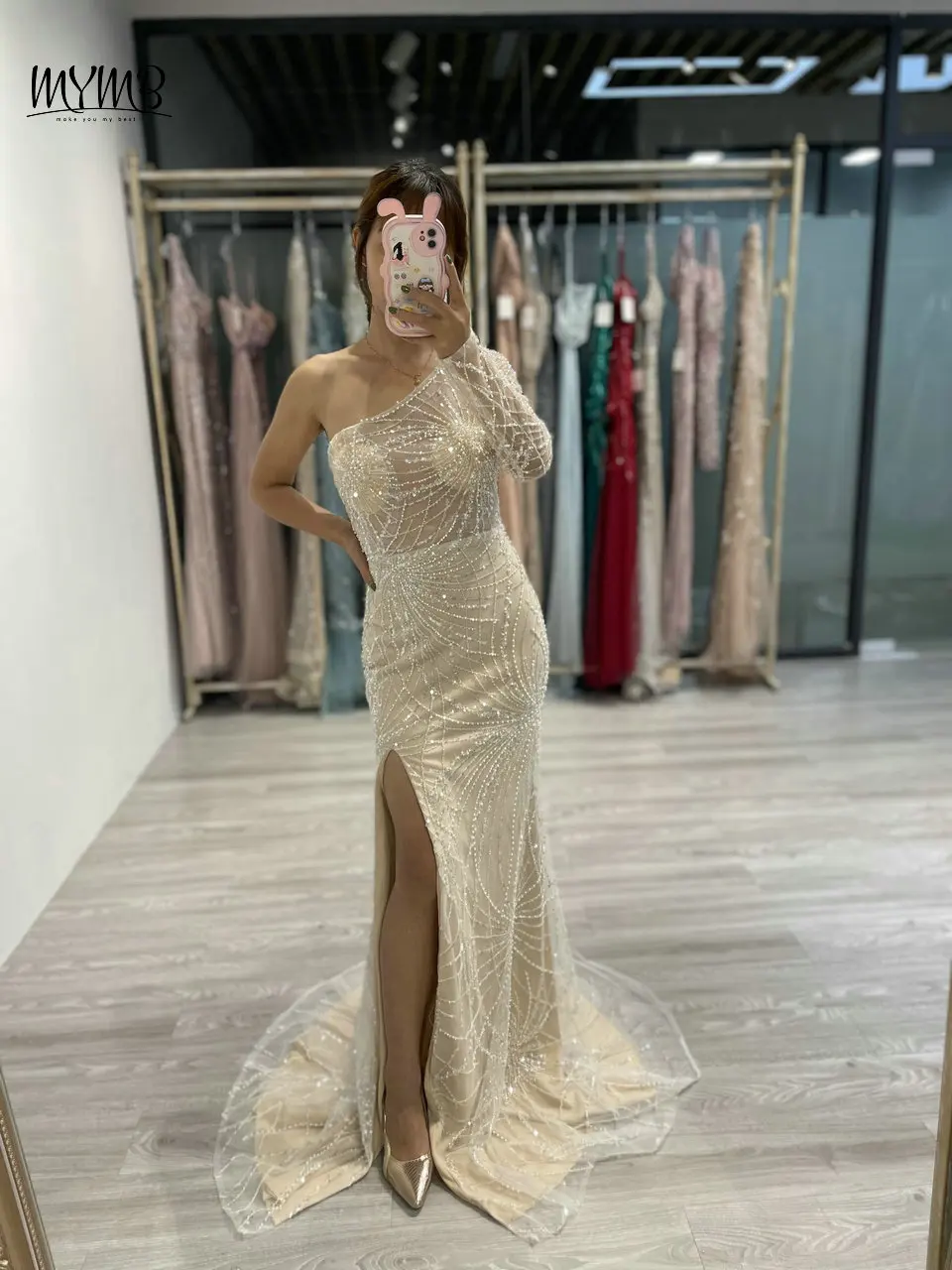 

MYMB White Exclusive Mermaid High Split Beaded Wedding Dresses Arabic Gorgerous One Shoulder Long Sleeve Evening Party Gowns