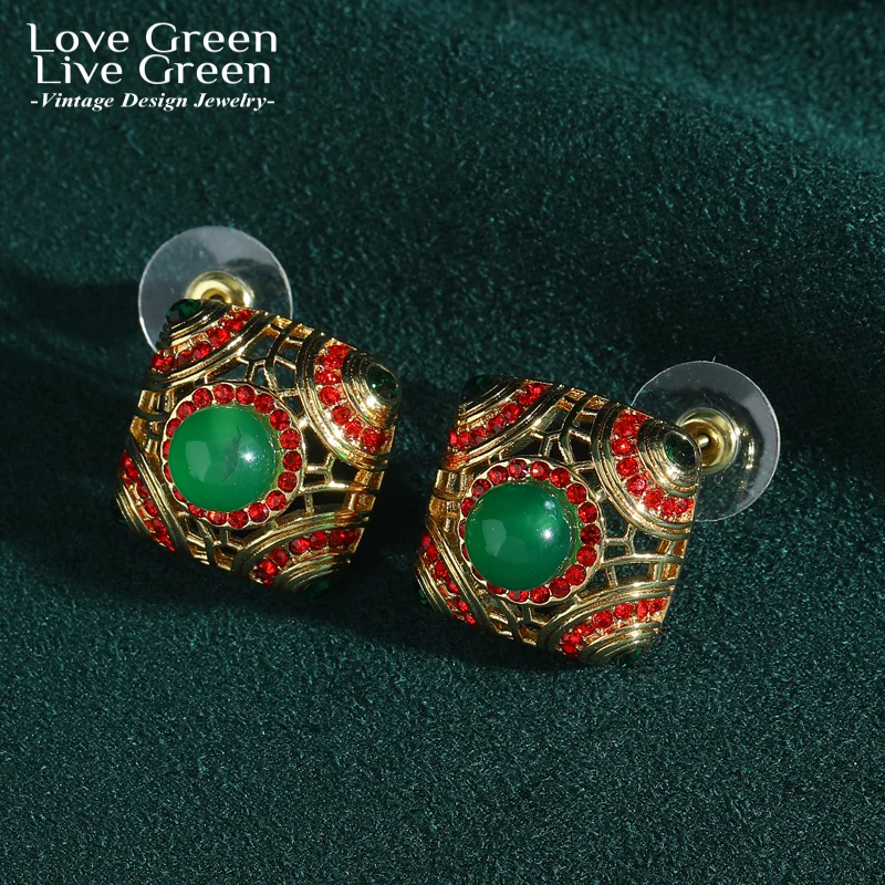 Vintage Green Glass Luxury Square Earring Stud For Woman Accessories Hollow Enamel Jewelry Designers Wedding Christmas 2025 New