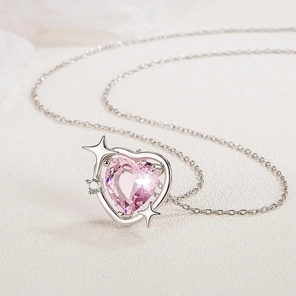 Korean Fashion Pink Crystal Heart Pendant Necklace Silver Color Chain Neck Necklace for Women Moonstone Clavicle Chain Chocker