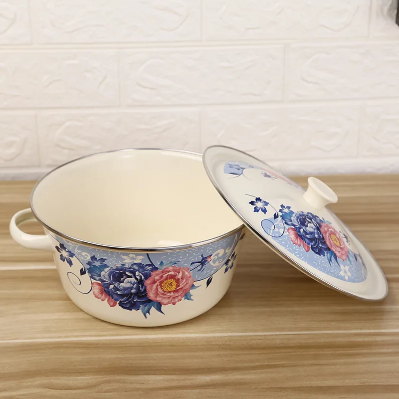 Household Thickened Enamel Soup Pot with Ears and Lid Vintage Bowls Basin Classic Enamel Cake Vegetable Container Tableware