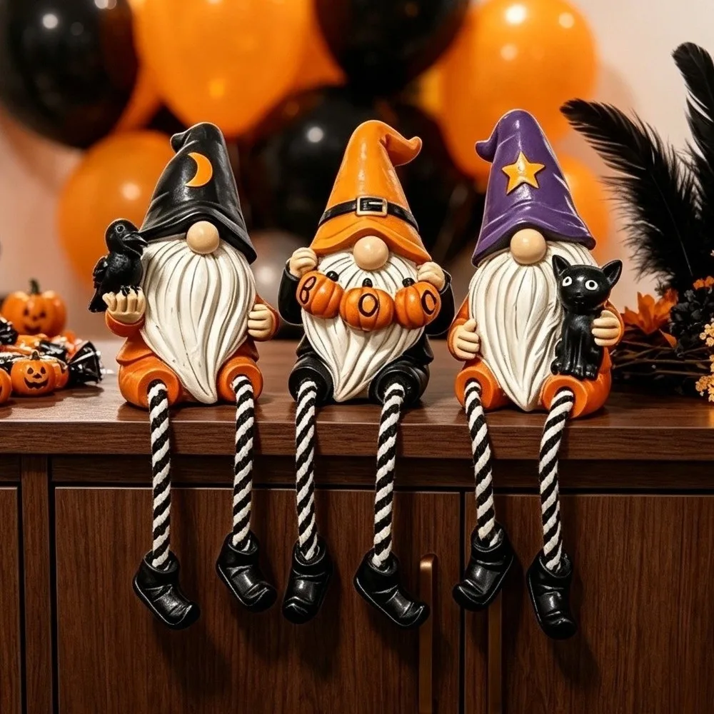 Hand-Painted Halloween Gnome Shelf Sitter Spooky Resin Dangling Leg Gnome Statue Pumpkin Striped Legs