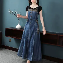 New Womens Denim Halter Long Dress Spring Summer Vintage Embroidery Pullover Dresses Female Casual Sleeveless Cowboy Dresses 4XL