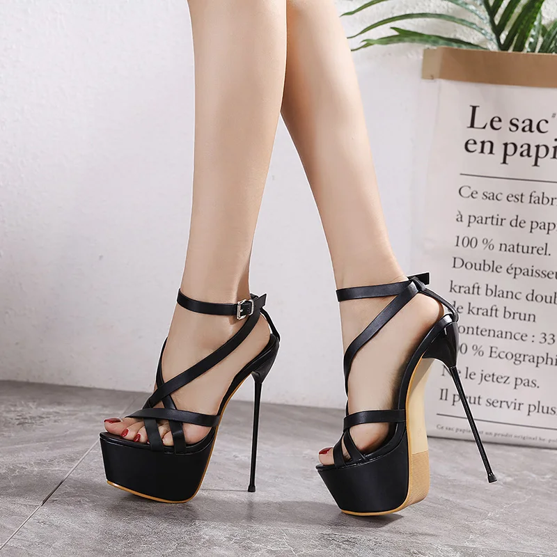 Sexy 18cm Thigh Stiletto High Heels Pole Dance Shoes Women Peep Toe Hollow Out Platformed Ankle Buckle Cross-strap Sandals 2023