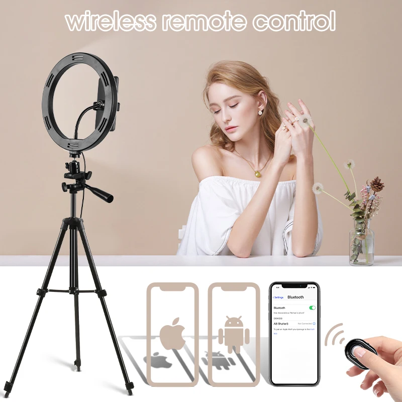 แหวนไฟ26ซม. พร้อมขาตั้งขาตั้งกล้องแบบยืดได้152ซม. ไฟ LED วงกลมพร้อมที่วางโทรศัพท์โทรศัพท์แม่เหล็กรถไฟสำหรับวิดีโอสด