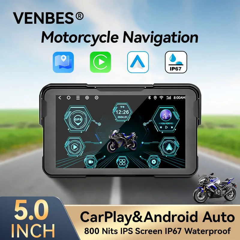 

VENBES 5'' Motorcycle Navigation Screen Carplay IP67 Waterproof Android Auto Bluetooth 5G WiFi Module