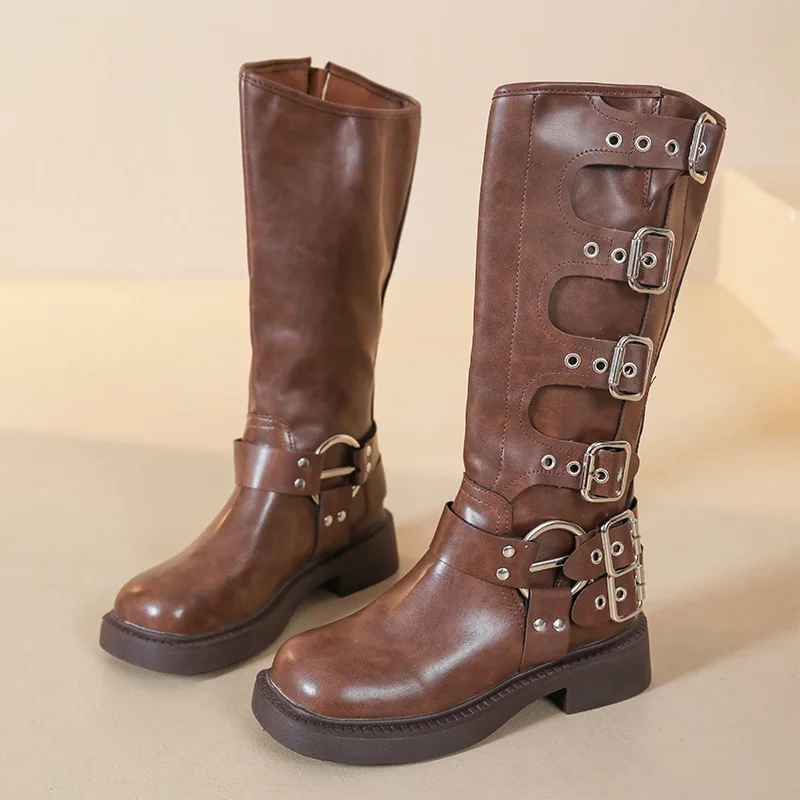 Woman Boots Knee High Platform Elegant Low Heel Trend Punk Gothic New Rock Leather Fashion Women's Shoes Motorcycle Footwear
