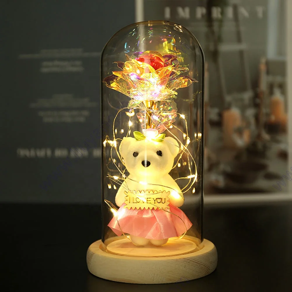 

Galaxy Artificial Rose Flower LED Lamp Teddy Bear Saint Decoration For Valentine Mother Day Girl Birthday And Christmas Gift