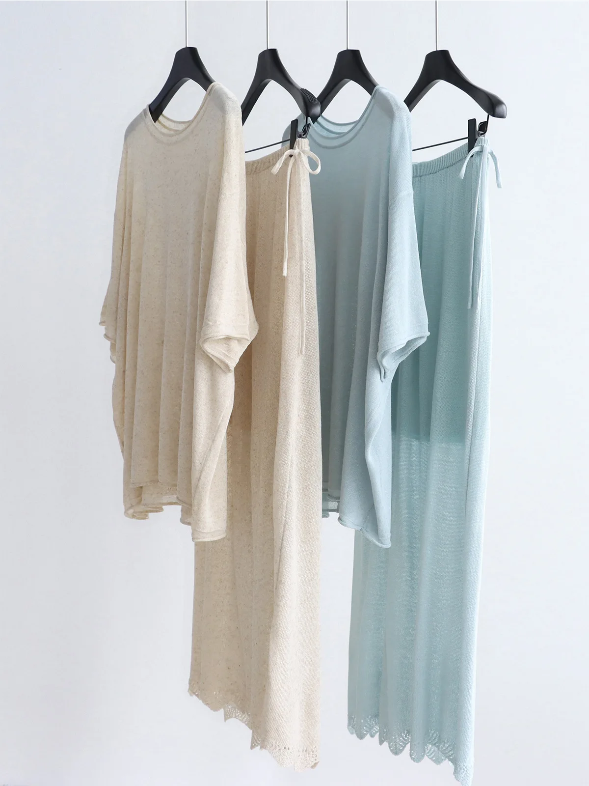 

Dave&di Casual And Exquisite Linen Short Sleeved Knitted Shirt Cover+drawstring Straight Tube Skirt With Lace Hem Set For Summer