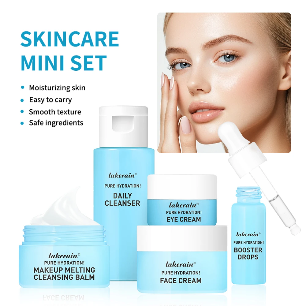 

5pcs/box Mini Skincare Serum Facial Cleanser Eye Cream Moisturizing Whitening Face Skin Care Travel Facial First Aid Set