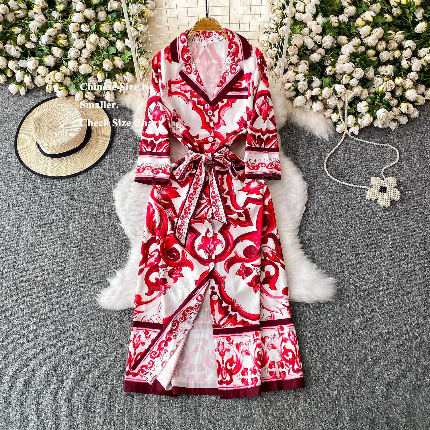 Herbst Pocelain Print Midi Kleider Hemd Frauen Einreiher Schnürsenkel Gürtel Druck Langes Kleid Lose Große Größe Böhmischen Urlaub robe