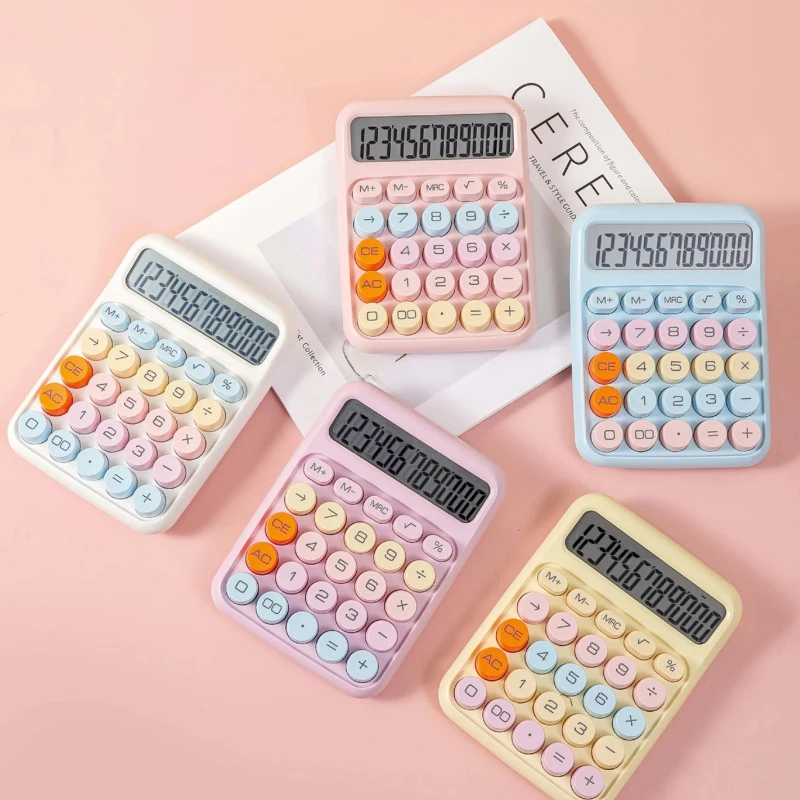 Mechanical Calculator 12 Digit Large LCD Display Big Round Button Cute Candy Colored Calculator Suitable for Office School