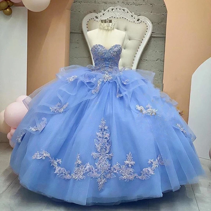 Angelsbridep Licht Blau Ballkleid Süße 16 Kleid Rüschen Tüll Ballkleid Prom Kleid Schatz Quinceanera Kleid Robes De Soirée