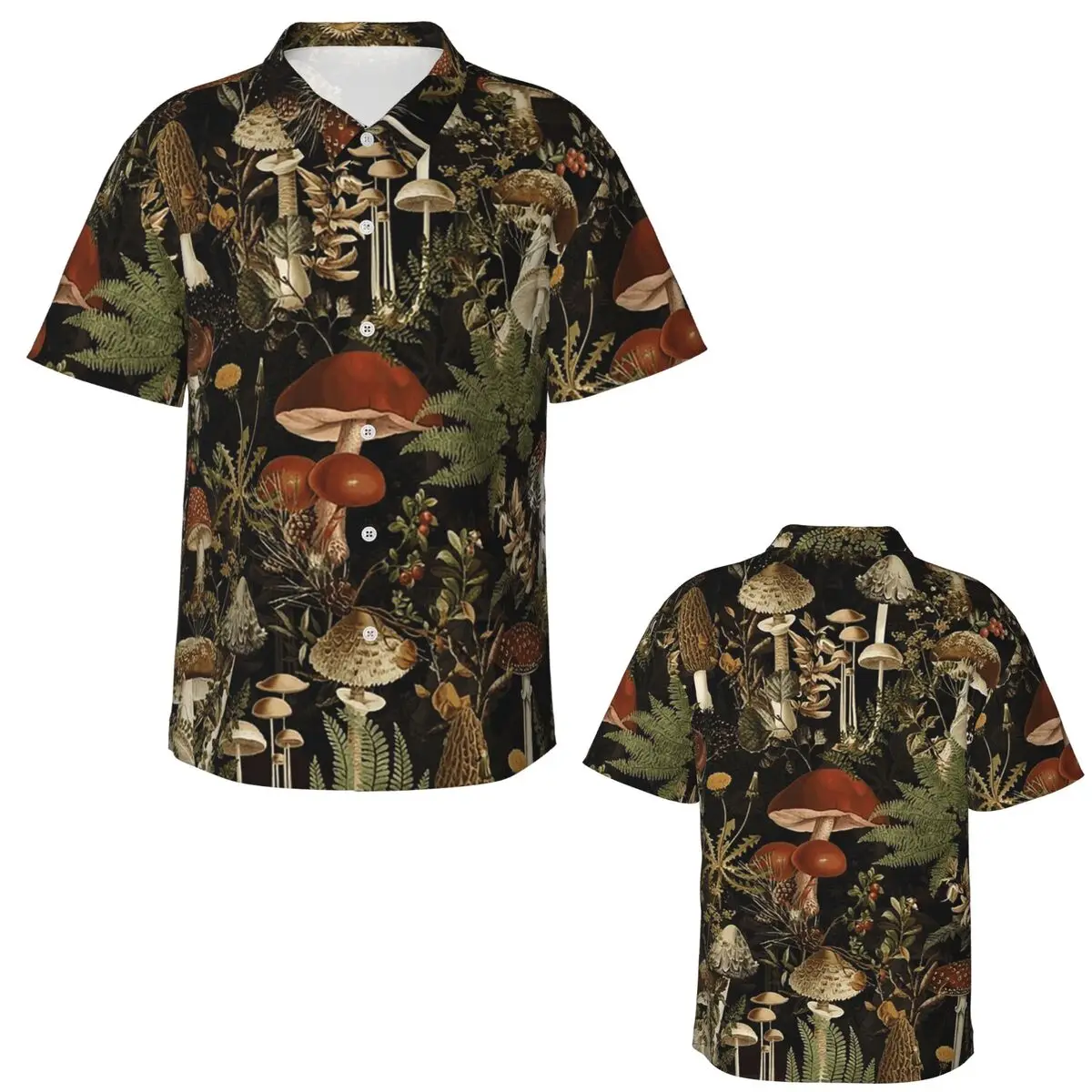 Midnight Mushrooms Forest Botanical Night Garden Hawaiian Shirts Casual Men Short Sleeve Shirt for Summer Beach Men's Lapel Tops