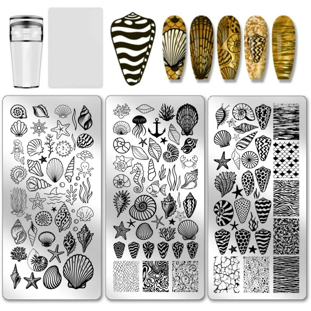 3pcs Seashell Nail Stamping Plates Sea Creature Nail Art Templates Ocean Beach Fish Starfish Nails Art Stencils with Stamper
