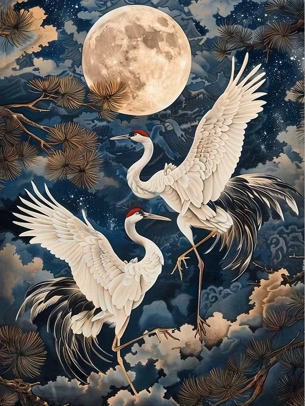 Rompecabezas de 500/1000/1200/2000 Piezas con Diseño de Grúas Blancas Bailando al Luz de la Luna, Juego Familiar Relajante para Decoración del Hogar, Regalo