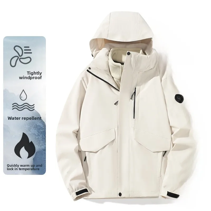 

ex Detachable Inner Liner Tee-in-One Waterproof Outdoor Windproof Hiking Jaet Stand Fit Long Sve Hooded Coat