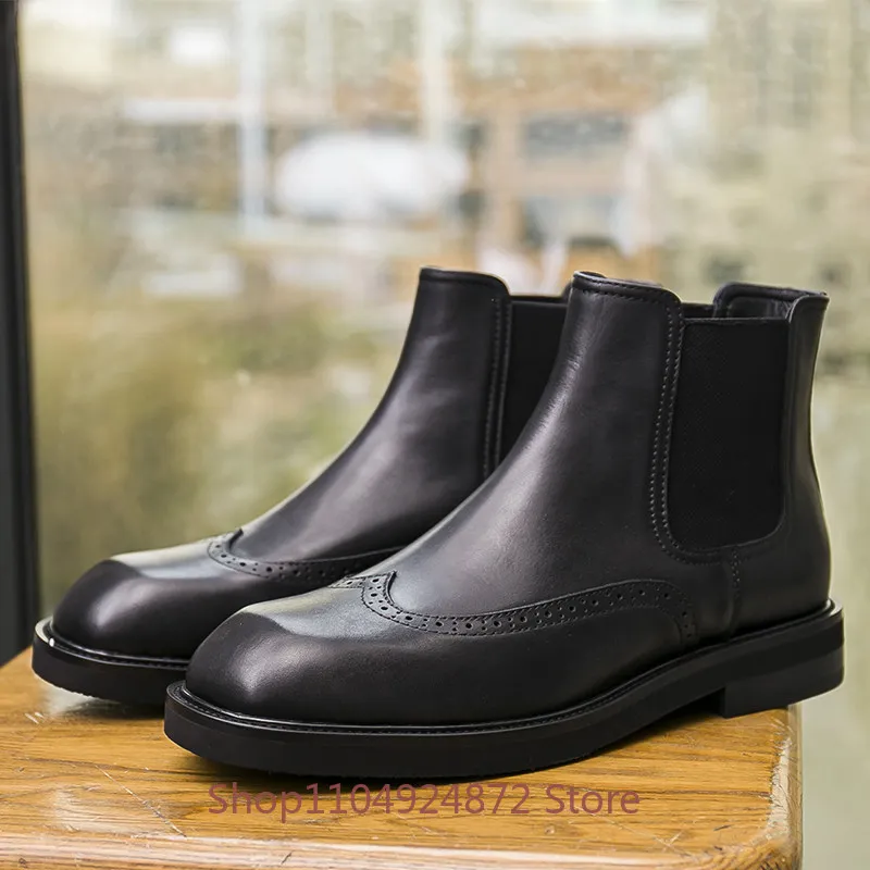 

British Chelsea Men's Ankle Boots Business Cow Leather Chimney Square Toe Formal Boots Male High Top Leather Shoes Youth